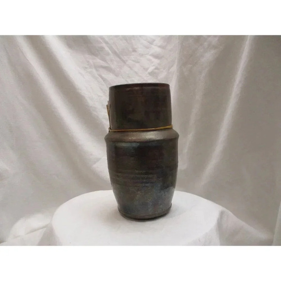 Raku Vase volcanic texture blues Pinks Copper tones‎ hand made iridescent black - Picture 3 of 8